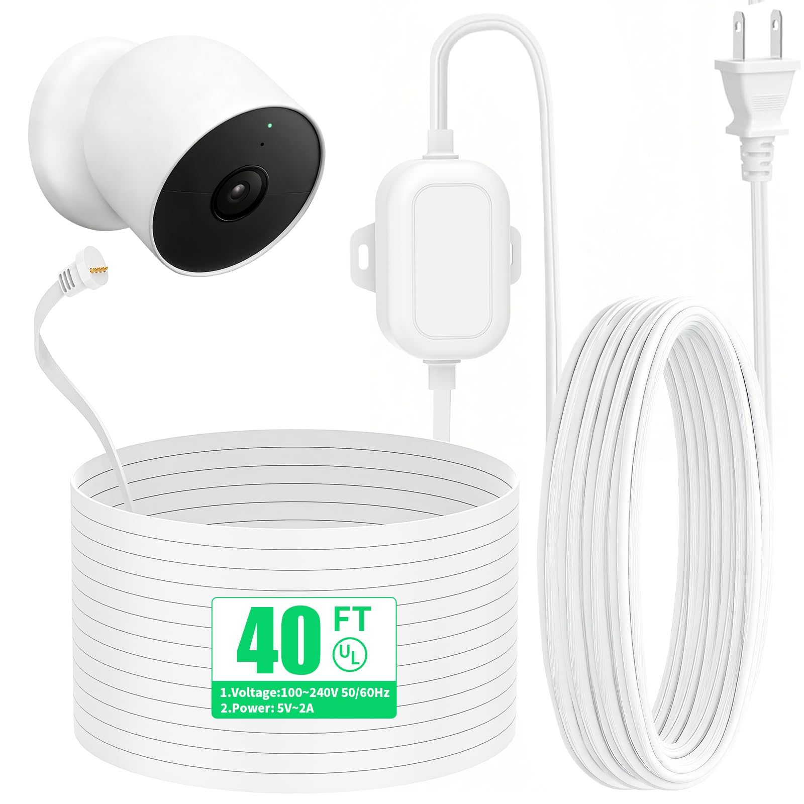 Amazon.com: 40ft/12.2m Power Cord for Google Nest Cam Outdoor or